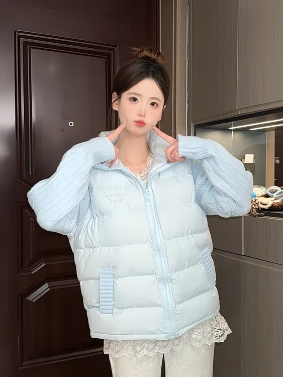 韩版温柔风蓝色麻花针织拼接设计棉服设计感字母刺绣薄款棉衣外套