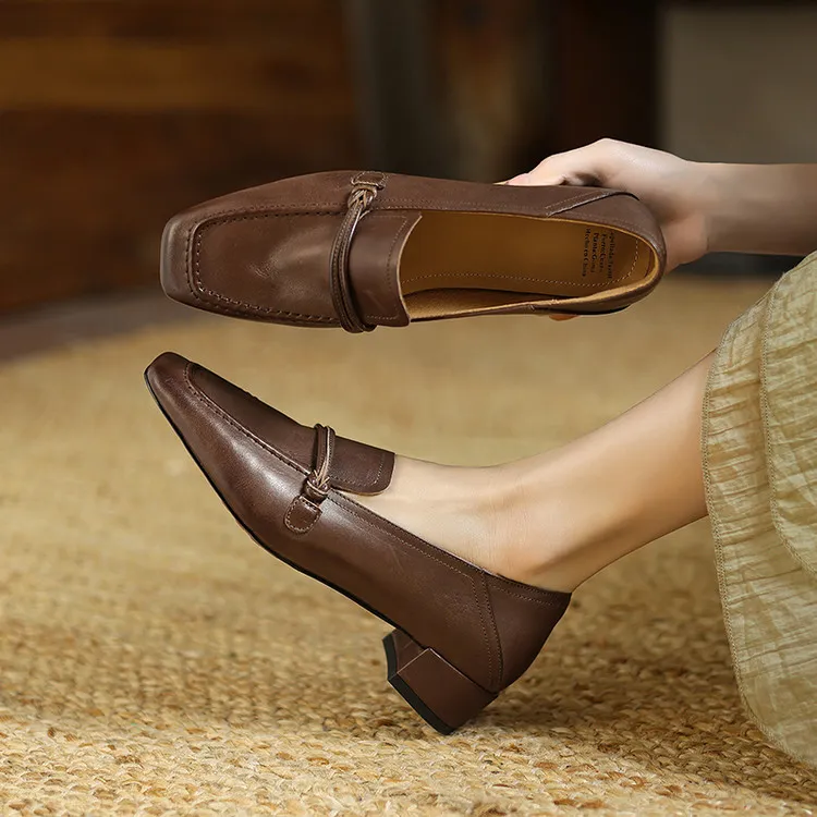 头层牛皮3.5cm～法式复古方头粗跟单鞋女乐福鞋一脚蹬新款舒适百搭