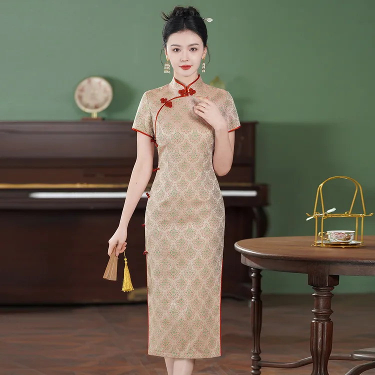 宋锦旗袍妈妈喜服婚宴粉色真咝桑蚕咝高端喜婆婆礼服平时可穿