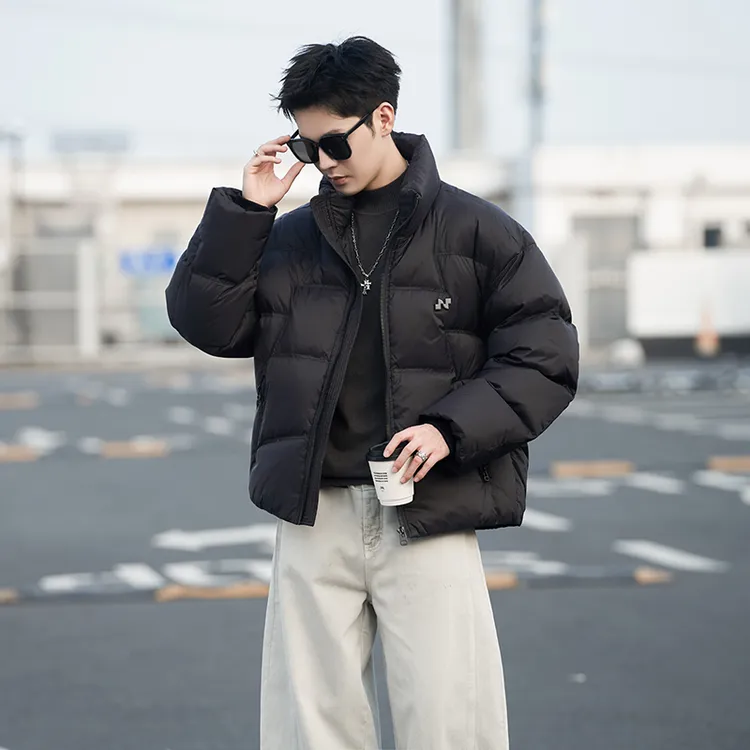 冬季宽松个性设计感立领短款羽绒服男美式帅气保暖白鸭绒外套潮牌