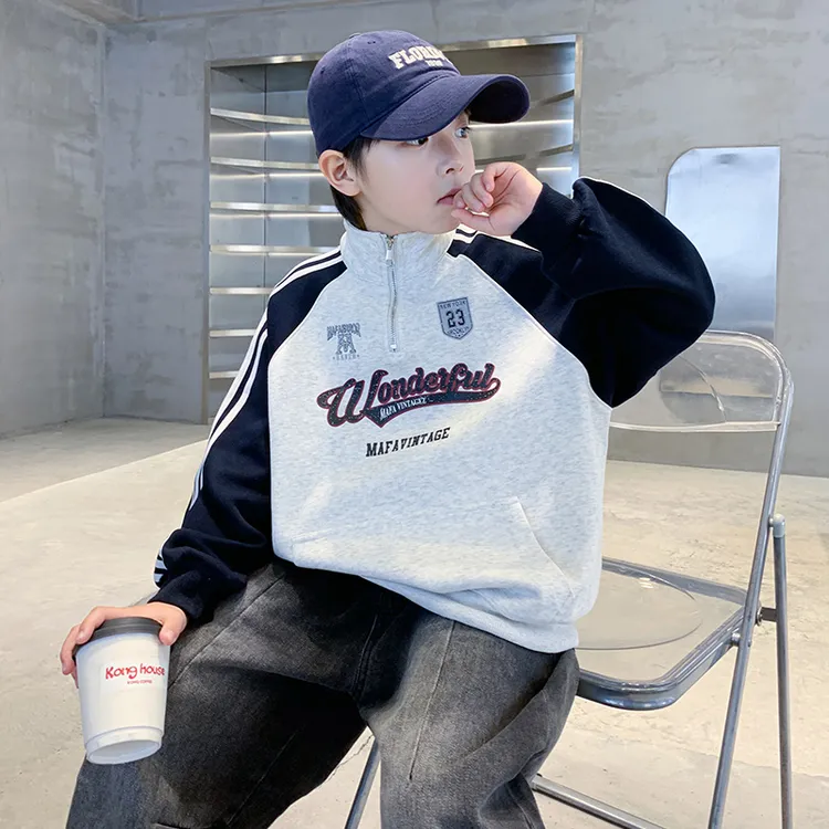 男童灰色拉链字母立领卫衣春秋款2025儿童运动休闲套头上衣中大童