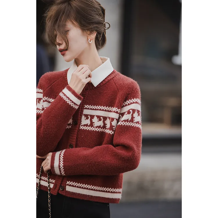 小谷粒圣诞夜毛衣撞色费尔岛小狗花型 节日氛围感 显白