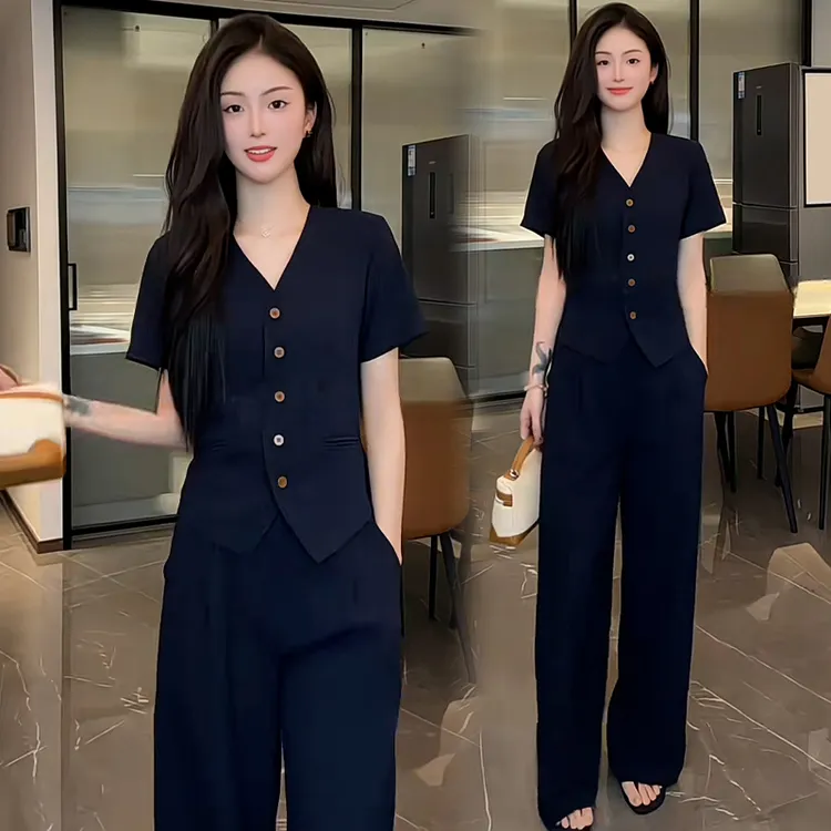 休闲设计感套装女2025夏季新款减龄显瘦v领上衣高腰阔腿裤两件套