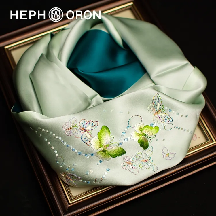 HEPHSORON苏绣丝巾礼盒送妈妈绿色刺绣披肩高级感桑蚕丝真丝围巾