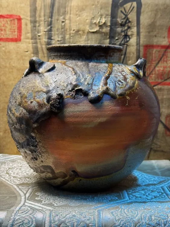 寂美鬼备·日本备前烧·中古·柴烧·竹村永乐·罐子（高20口径9.3