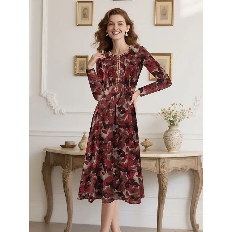 套头圆领高弹力印花时尚连衣裙印花显瘦连衣裙-68422