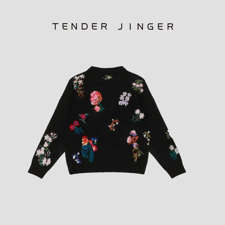 Tender Jinger【莫奈花园】嵌花刺绣绵羊毛套头针织衫T53KJJ41327