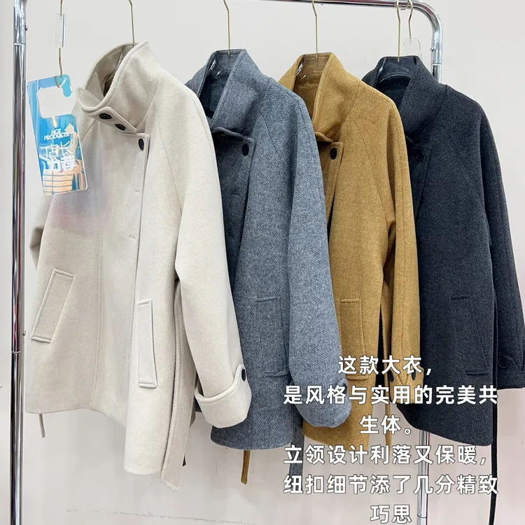 冬季加厚中版系带立领保暖韩版纽扣绵羊毛大衣2591