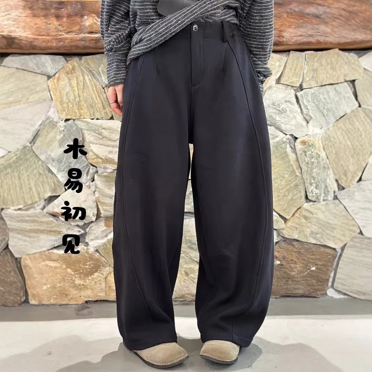 木易初见0505冬季加绒软糯弯刀裤 复古酷辣妹风显瘦宽松休闲卫裤