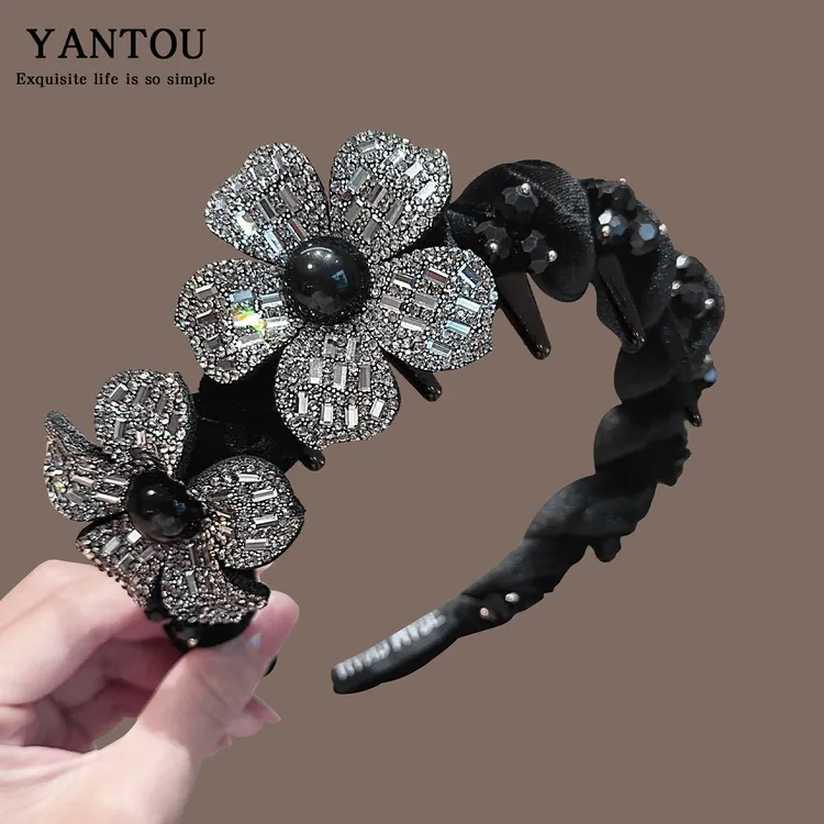 韩版新款秋冬丝绒满钻花朵带齿发箍女高颅顶头箍气质LN-10650