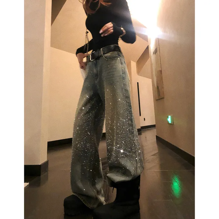 满天星烫钻水洗重工牛仔裤女秋季设计感宽松直筒阔腿带钻爆闪裤子