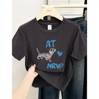 正肩深灰色短袖T恤女夏季新款时尚洋气腊肠狗印花圆领大码上衣潮