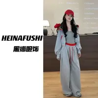 HEINA慵懒风复古撞色连帽卫衣套5092