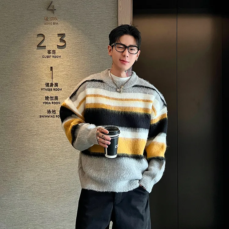 OXFREAK「拟态流苏 羊毛混纺」撞色条纹毛衣男冬季加厚保暖针织衫