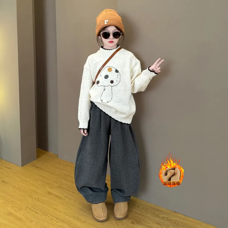 女童2025新款秋冬季韩系时尚甜美针织毛衣加绒阔腿休闲卫裤套装潮