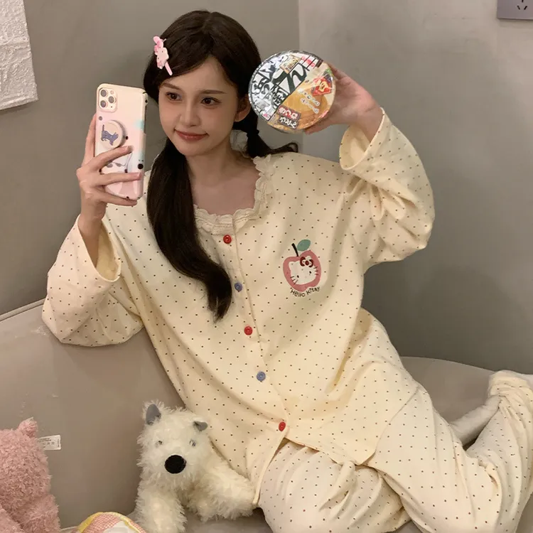 睡衣女款秋冬季长袖2025新款波点格子花边宽松舒适甜美家居服套装
