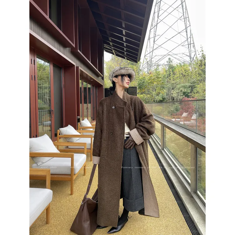JCCC影子【书房格影】咖绿绵羊毛混纺格纹撞色拼接立领长款大衣外套