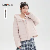 三福羽绒服2025冬季泡芙保暖连帽按扣拉链门襟外套女装850097