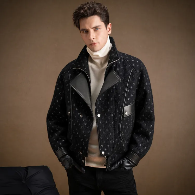 言吉男装经典双层领拼皮外套男秋设计感百搭时尚机车夹克YJ57150