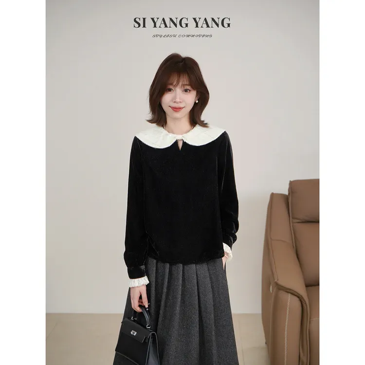 斯洋洋SIYANG冬季软糯亲肤定通勤撞色领丝绒上衣SY511A054SYY