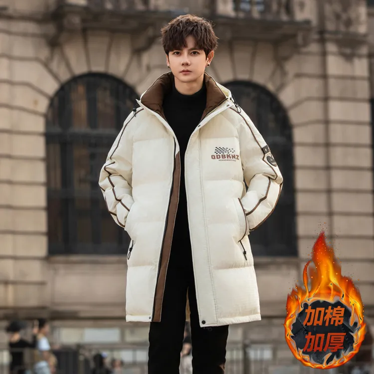 秋冬潮流男装初高中学生棉袄连帽印花时尚休闲运动中长款棉衣