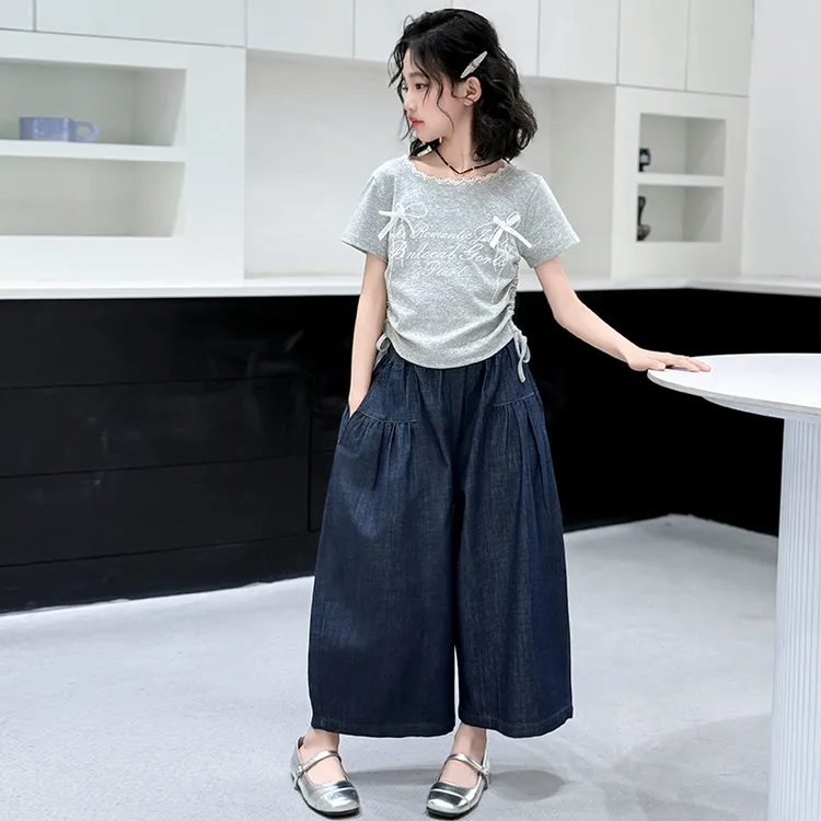 女童套装2025夏季新款儿童短袖牛仔阔腿裤九分裤两件套女大童夏装