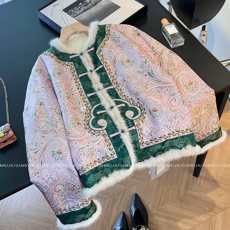 新中式提花唐装改良加棉水貂毛外套女2025冬季高级感国风宽松棉衣