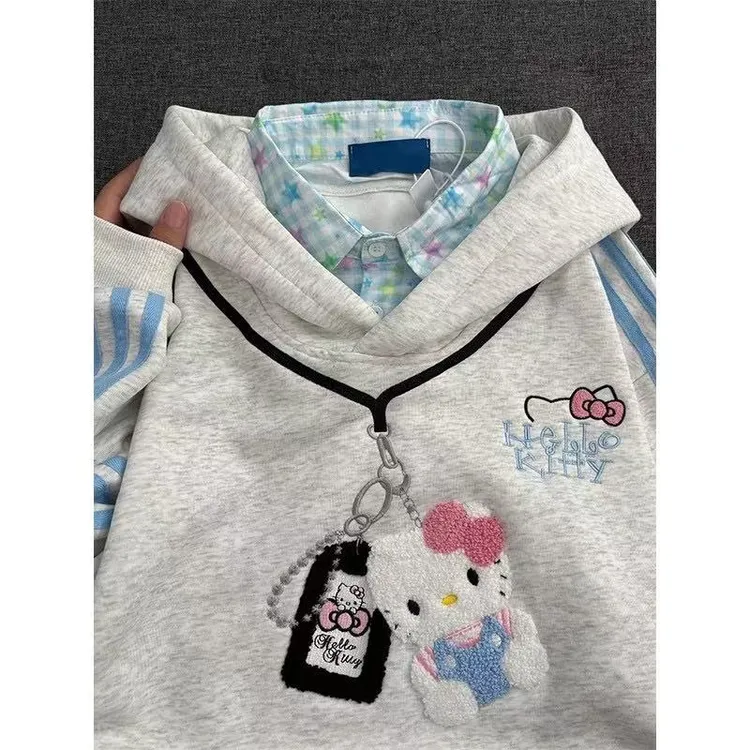 可爱kitty猫刺绣假两件连帽卫衣女2025秋学院风宽松小众开衫外套