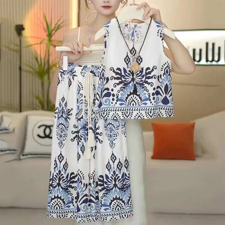 【现货】女童装夏装套装2025新款夏名族风青花瓷度假阔腿裤两件套
