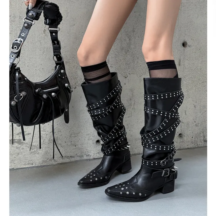 Kmeizu巨显瘦高筒靴女新潮铆钉设计感铆钉宽松西部牛仔沙瀑长筒靴