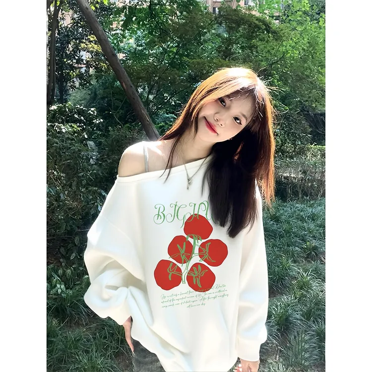 ins潮牌印花斜领露肩卫衣女早秋新款甜妹小心机设计宽松白色上衣