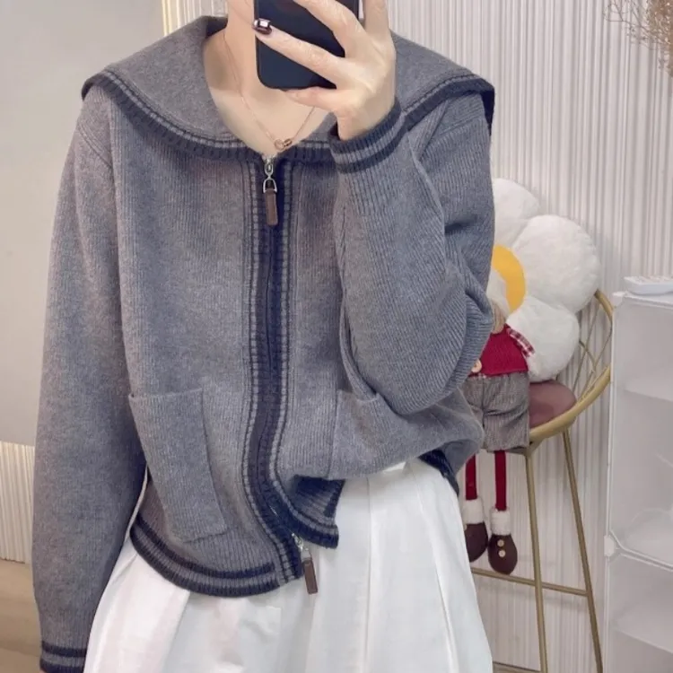 海军领撞色双头拉链开衫女秋冬季新款慵懒松弛百搭减龄软糯毛衣潮