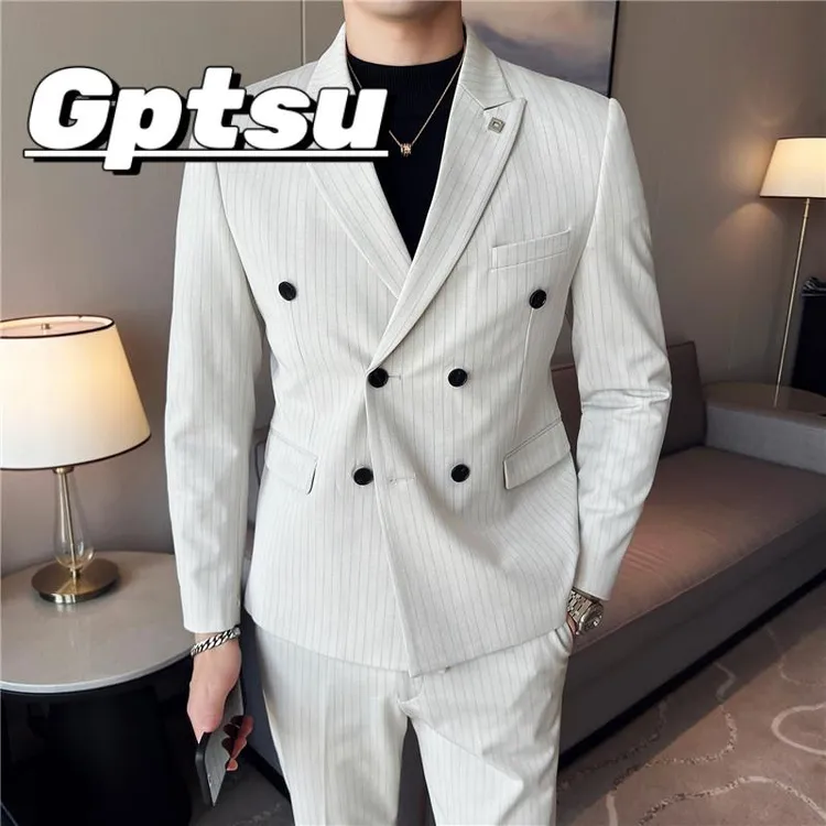GPTSu西服男结婚套装修身双排扣绅士商务休闲条纹西装礼服两件套