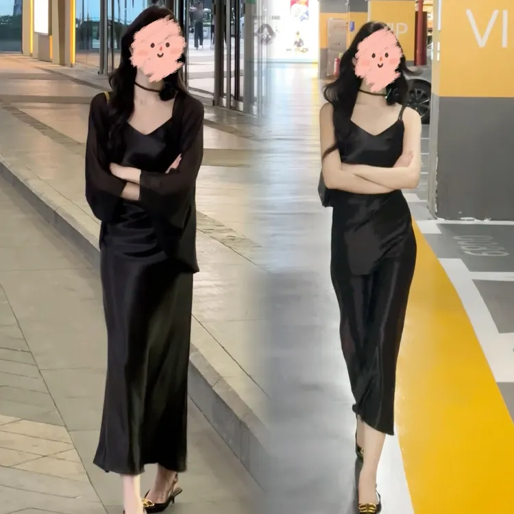 2025夏季新款时尚气质套装褶皱设计感显瘦缎面吊带连衣裙防晒开衫