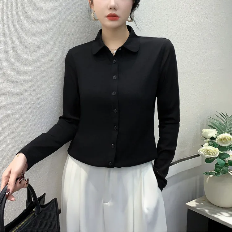 新款polo领百搭简约翻领网纱打底衫衬衫女437-1308