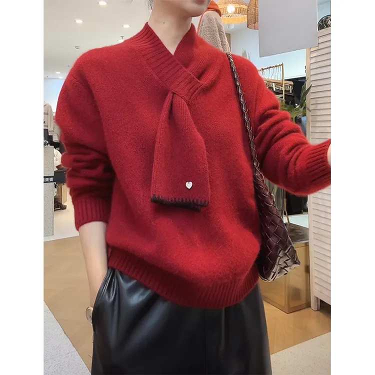 韩系设计感交叉围巾软糯长袖针织衫女秋冬新款高级独特小众上衣