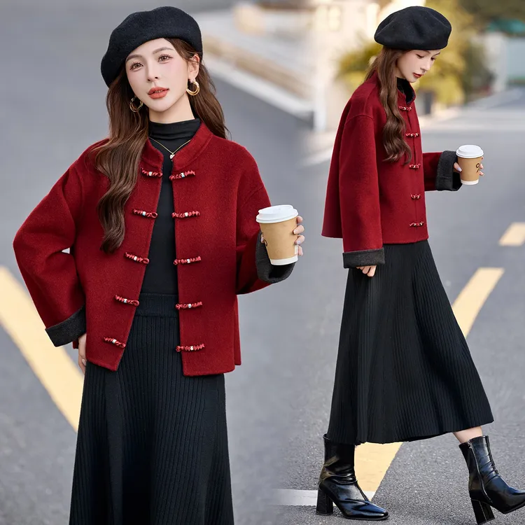 新中式国风双面呢羊毛大衣女秋冬高级感复古盘扣高端红色毛呢外套