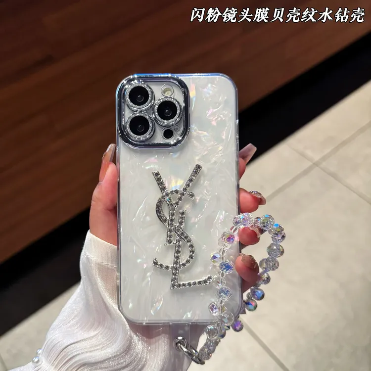 适用苹果华为OPPO荣耀VIVO小米手机壳镜头膜贝壳纹硬壳镶钻挂绳