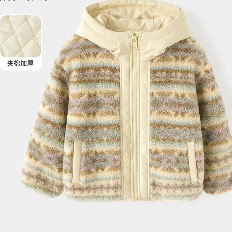 女童夹棉加厚外套2025冬季新款洋气女孩上衣儿童提花毛毛衣中大童