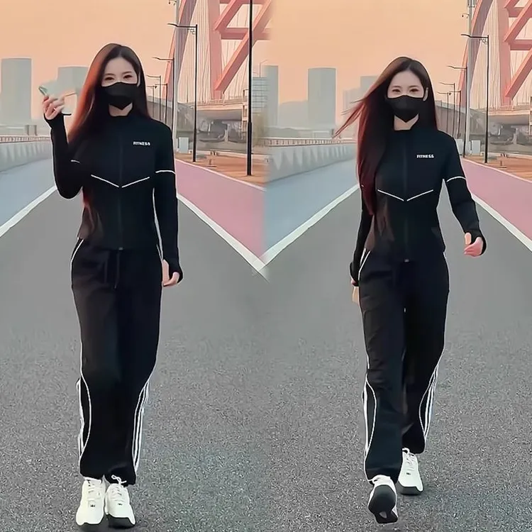 小众运动服套装2025年早春新款黑色立领宽松开衫卫衣两件套女装