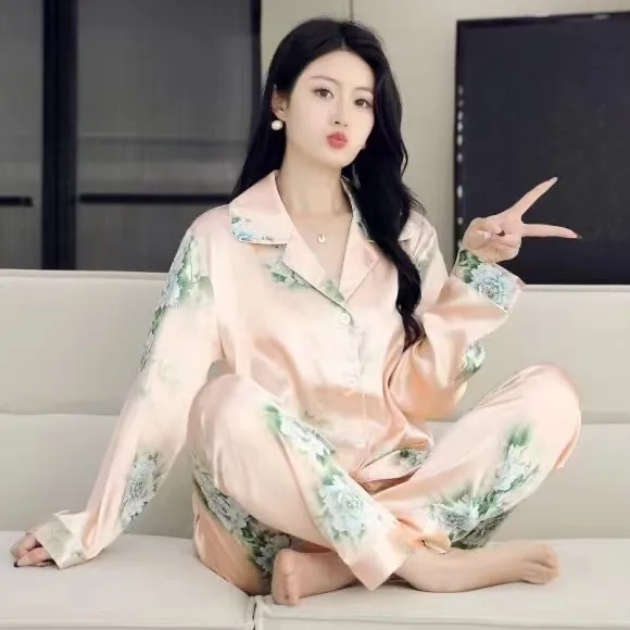 时尚印花薄款休闲成人春夏睡衣家居服套装甜美不褪色雪丝舒适