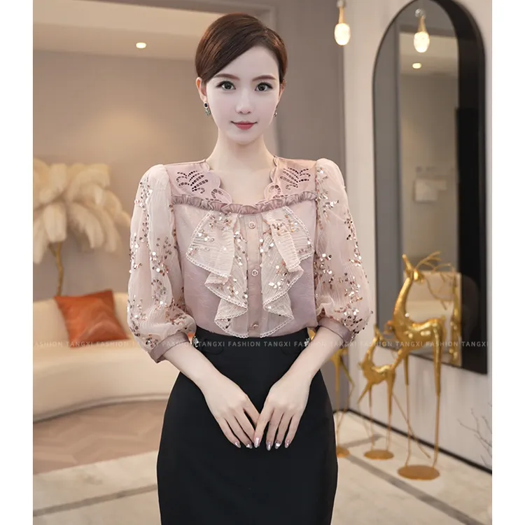 2025年夏季新款【QQ-1051】轻奢小众高级女装粉色缎面短袖衬衫上衣
