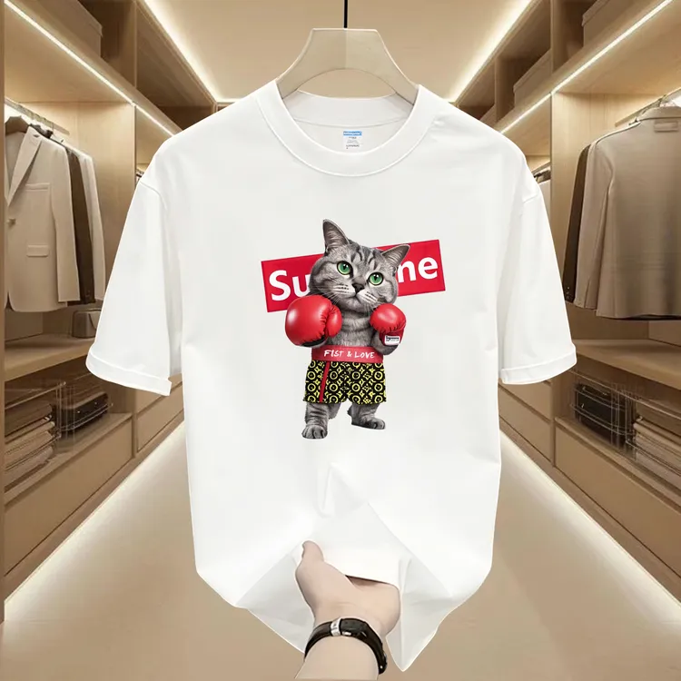 2025潮牌纯棉T恤猫咪印花美式上衣夏季男女百搭ins圆领休闲短袖