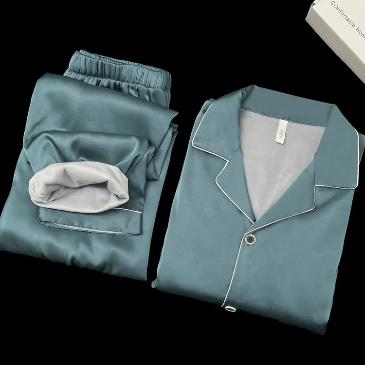 秋冬男士长袖加厚加绒保暖丝绸睡衣仿真丝绸墨绿冰雪丝大码家居服