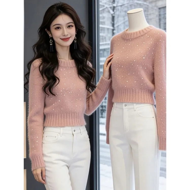 软糯慵懒风粉色亮片针织衫女2025冬季独特漂亮高级感加厚套头毛衣