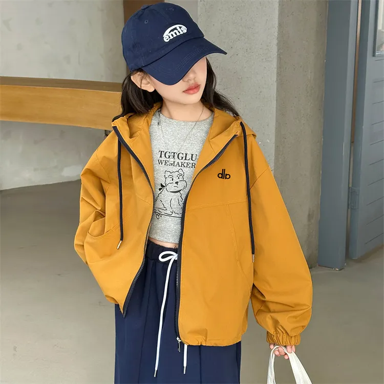 女童撞色拉链连帽外套韩范洋气2025春秋款中大童休闲上衣百搭时尚