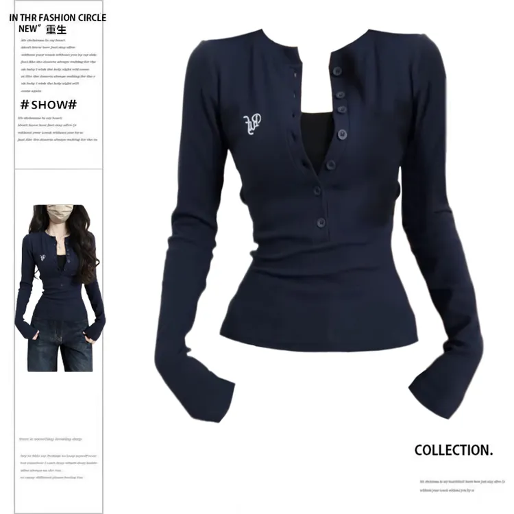 大码胖妹妹美式纽扣排扣紧身长袖T恤修身薄款打底衫女辣妹百搭款