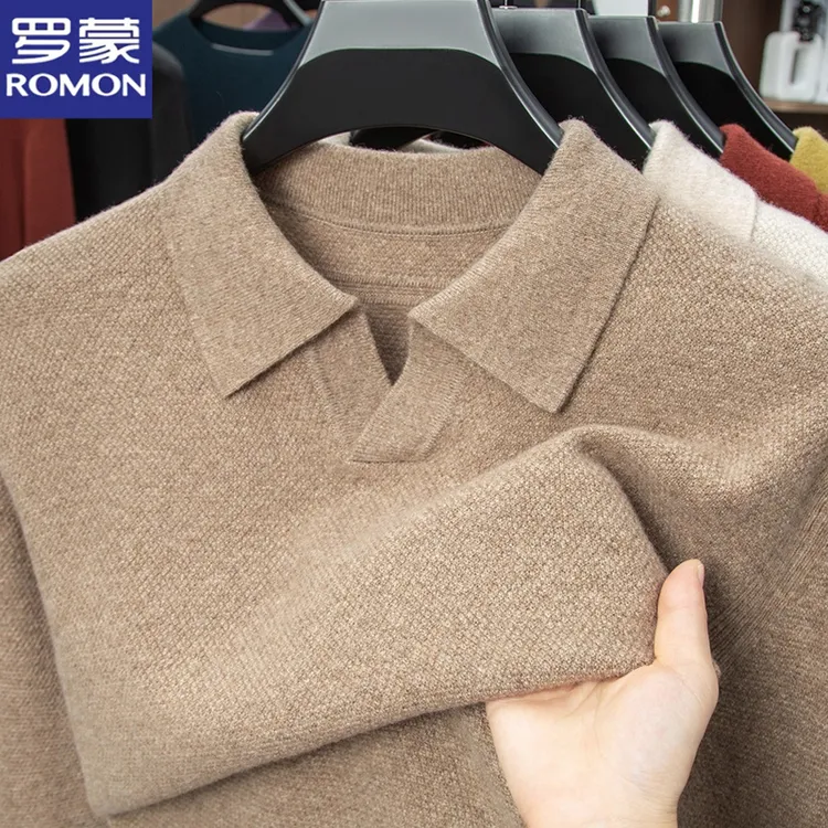罗蒙秋冬新款海鸥领纯色针织羊毛衫男士商务休闲百搭打底衫毛衣潮