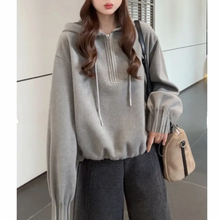 小众设计宽松独特袖口褶皱半拉链连帽卫衣女冬季新款时尚灰色上衣