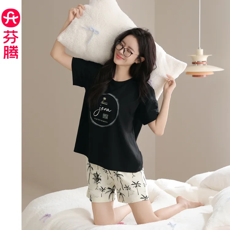 芬腾短袖睡衣女纯棉夏季沙滩裤套头2025新款可外穿可爱家居服套装